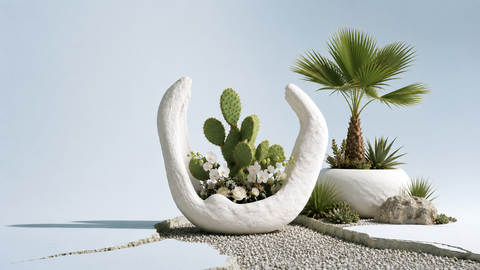A white crescent-shaped planter holding a green prickly pear cactus and small white flowers, styled on a light stone surface beside a larger white planter with a palm tree and succulents against a pale blue background.