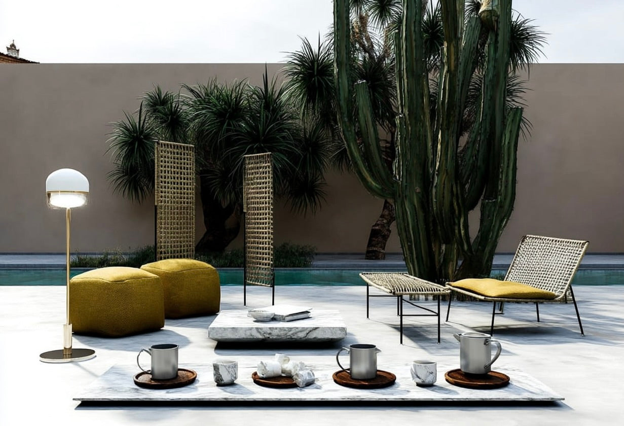 Woven cane screens, low marble table and rope lounge chairs set out on a sunlit poolside terrace